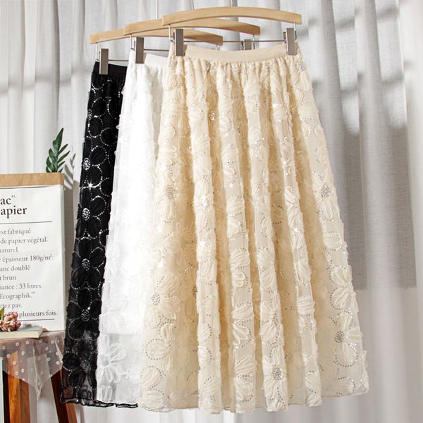 

skirts sweet embroidered sequined 3d floral a-line long tulle skirts, Black