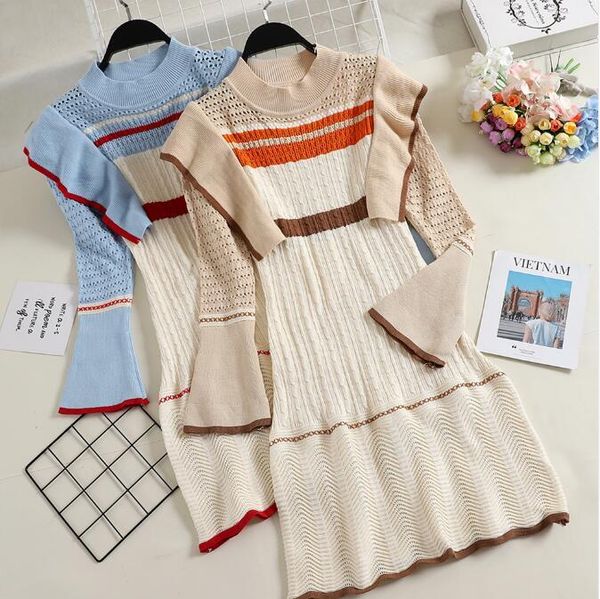 

casual dresses autumn knit dress woman korean style horn long sleeves lotus leaf impact color girls student knitted party, Black;gray