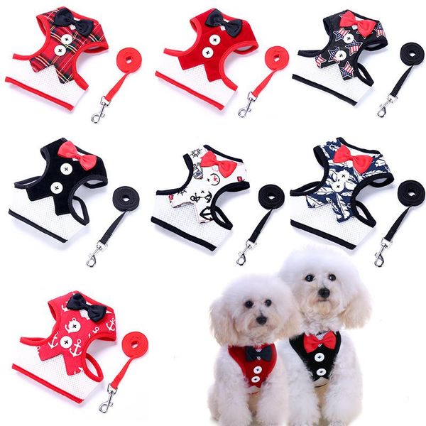 

dog collars & leashes pmemt pet harness leash set vest for small medium dogs bow tie formal dress plaid puppy chest strap chihuahua s