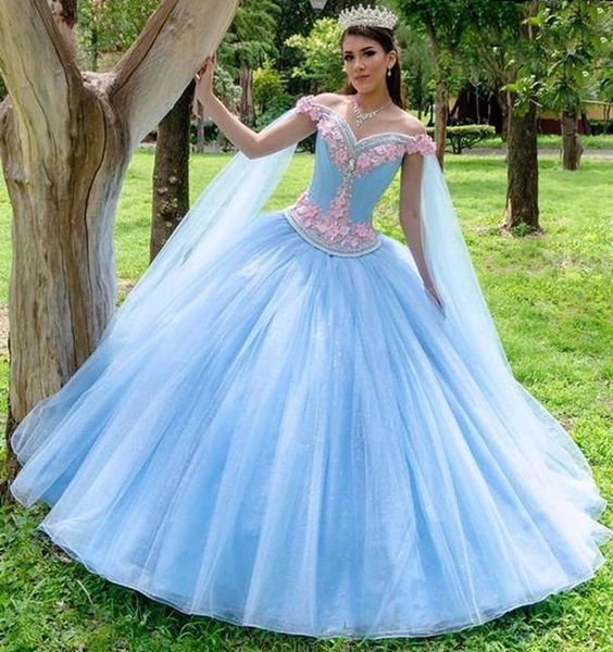 

2022 romantic country designer light blue quinceanera dresses ball gown with cape pink 3d floral flowers princess sweet 15 charro prom eveni, Blue;red