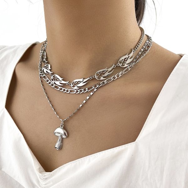 

punk multilayer necklaces sets flame mushroom pendant necklace set for women choker chains couple fashion jewelry, Silver