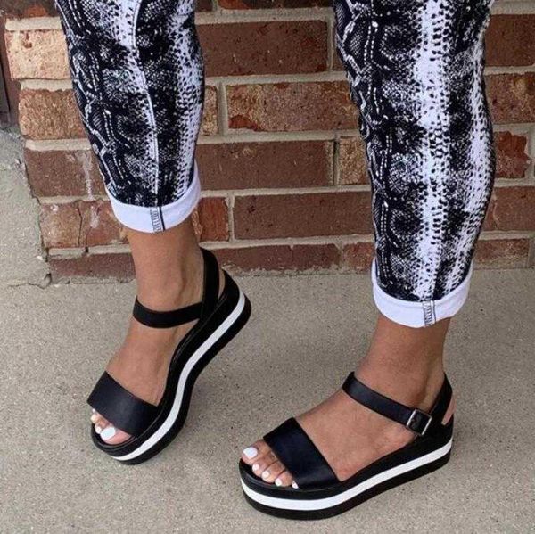 

sandals women platform increase ankle buckle female shoes mixed color casual beach summer ladies flat, Black