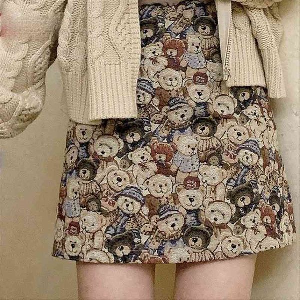 

short cute retro feeling jacquard womens skirts bear embroidery high waist all match zipper skirt female mini, Black