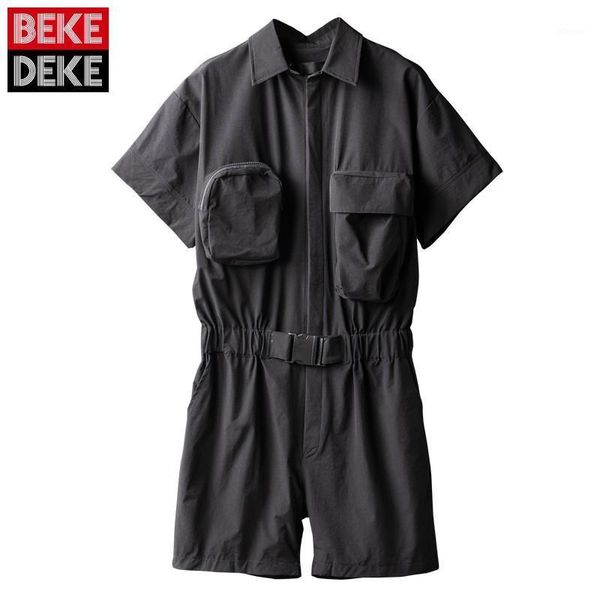 

men's shorts mens summer short sleeve turn-down collar jumpsuits fashion playsuit hip hop pockets solid male overalls korean style, White;black