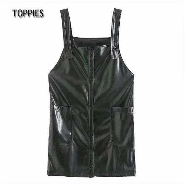 Schwarz Pu Camisole Kleider Sexy Minikleid Frauen Kunstleder Hosenträger High Street 210421