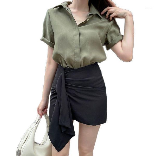

two piece dress korean edition women's summer green collar shirt short sleeve black slim high waist irregular skirt office sets, White