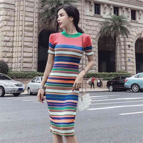 

summer women's knit dress chic korean striped slim bag hip sweater bottom female women gd211 210506, Black;gray