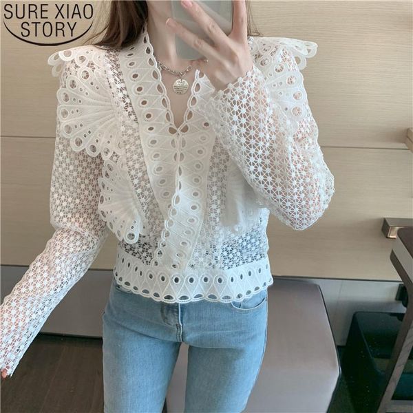 

women's blouses & shirts white pink shirt puff sleeve spring lace blouse women chic hollow long casual v-neck vintage blusas 12960