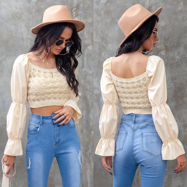

women's t-shirt women cropped knitted crop wrapped elastic wrap party square neck floral backless elegant casual wear clothing, White