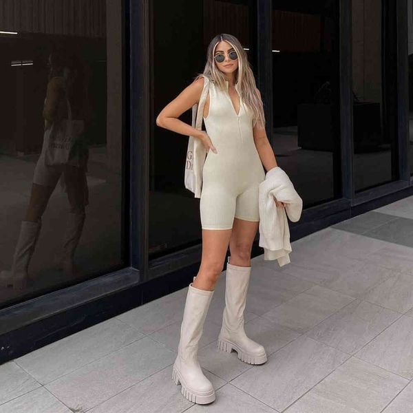 

women knitted jumpsuit sleeveless zip playsuits elegant high fashion chic lady woman outfits 210420, Black;white