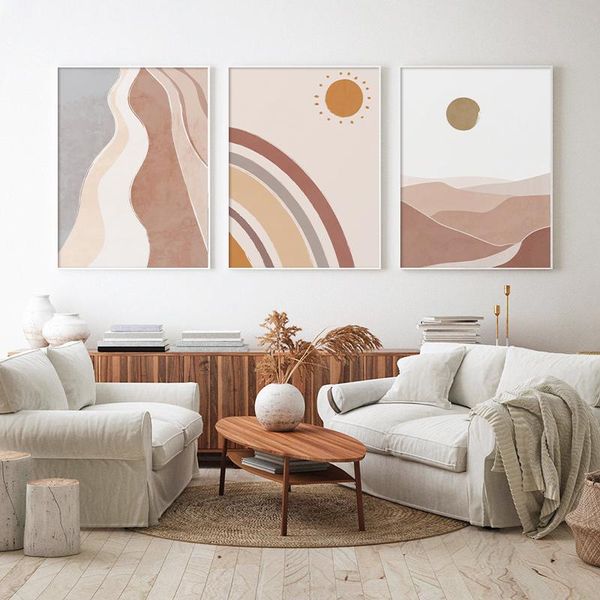 

abstract boho mid century landscape poster sun moon canvas painting rainbow mountain print wall art picture living room decor paintings