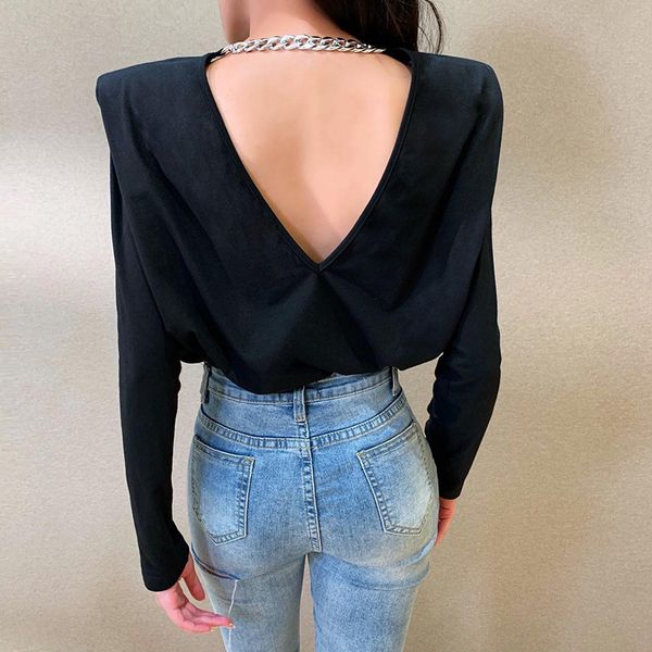 

backless shoulder padded t shirt women long sleeve spring autumn black casual chain chic 210415, White