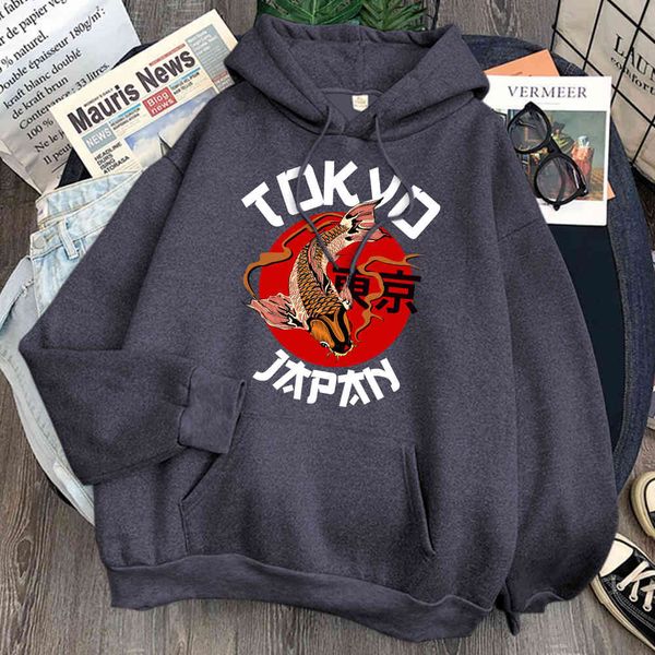 

men's long sved hoodie, pocket, tokyo red koi animation, hip hop, punk, Black
