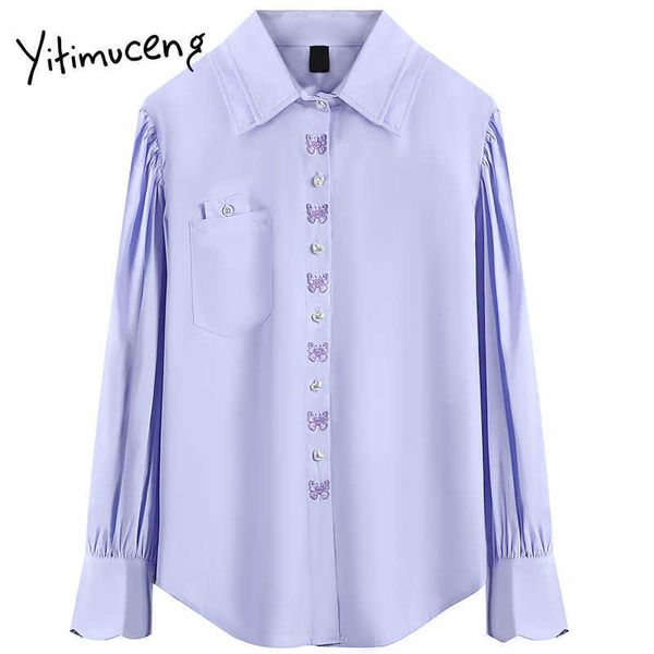 

yitimuceng bow embroidery blouse women shirts loose solid spring fashion long sleeve double layer single breasted 210601, White