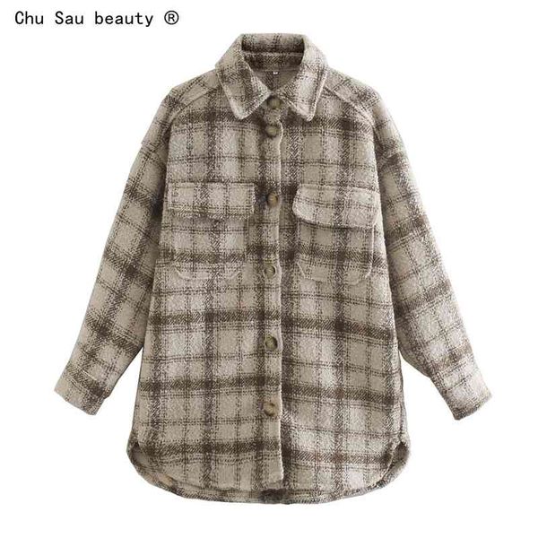 

autumn fashion vintage chocolate color old plaid loose oversized thick casual long-sleeved shirt jacket for woman 210508, White