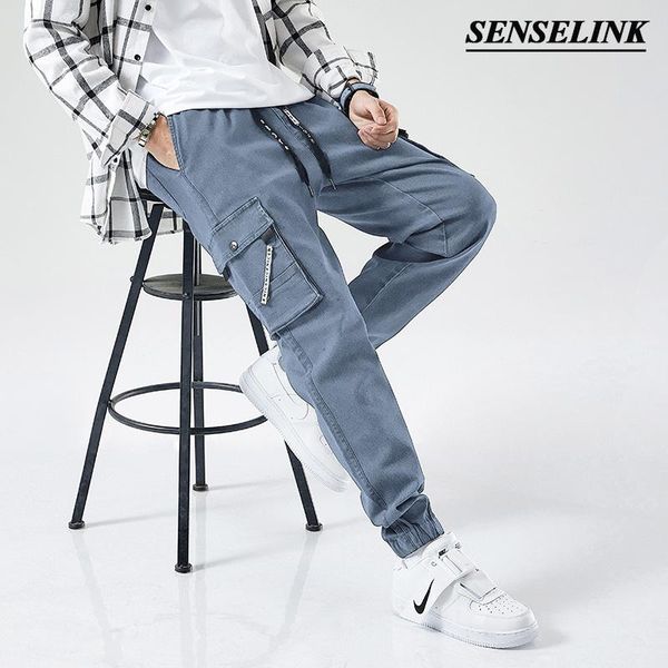 

men plus size casual cargo pants japanese elastic waist loose multi-pocket harem jeans m-8xl men's, Black