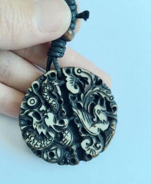 

12 pcs handmade black carving dragon and phoenix necklace lucky gift, Silver
