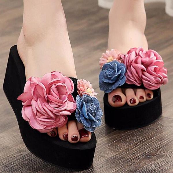 

slippers summer flower eva wedge women beach shoes female flip flops ladies platform sandals striped s141, Black