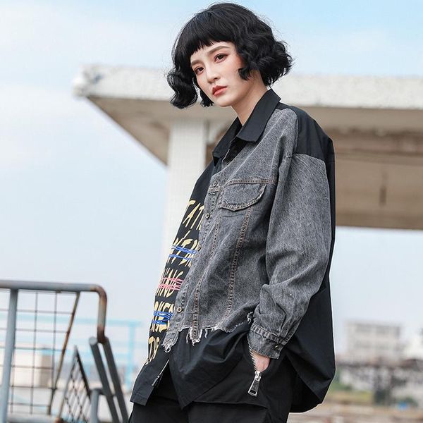 

women's blouses & shirts women spring letter denim coat turn down collar button design patchwork shirt style blusas, White