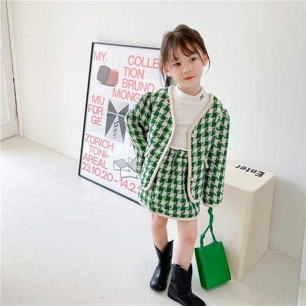 

clothing sets 2021 autumn arrival girls fashion houndstooth coat+skirt girl clothes outfits, White