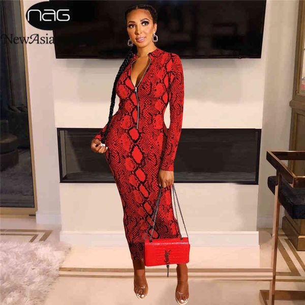

newasia garden long dress women snake print dress zipper o-neck long sleeve red ladies dresses plus size wear both sides 210413, Black;gray