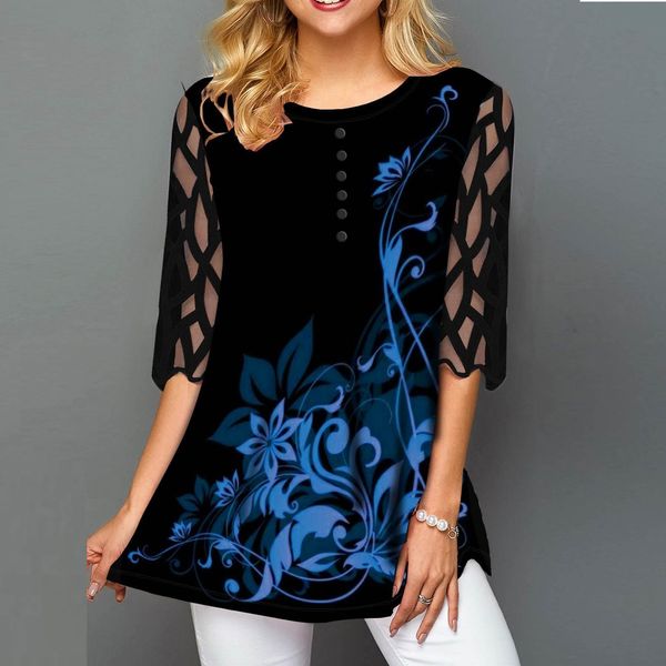 

floral print t shirt for women lace sleeve crew neck top, White