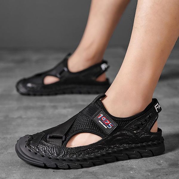 

sandals classic men's summer soft comfortable men shoes leather outdoor roman flip flops indestructible fashion casual footwear, Black