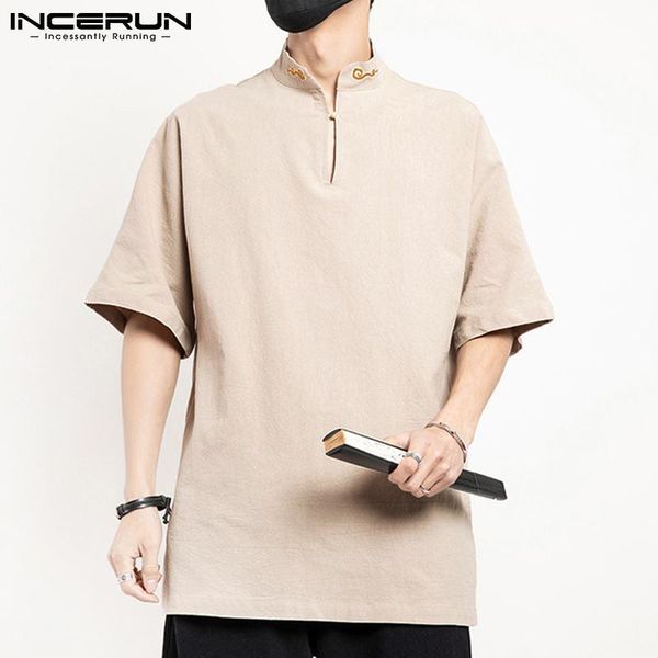 

men's casual shirts chinese style men shirt cotton mandarin collar embroidered short sleeve streetwear 2021 vintage clothing incerun, White;black