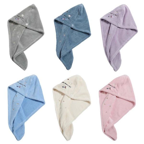 

women coral velvet microfiber hair towel wrap turban cap cute cartoon rocket planet embroidery super absorbent anti-frizz quick