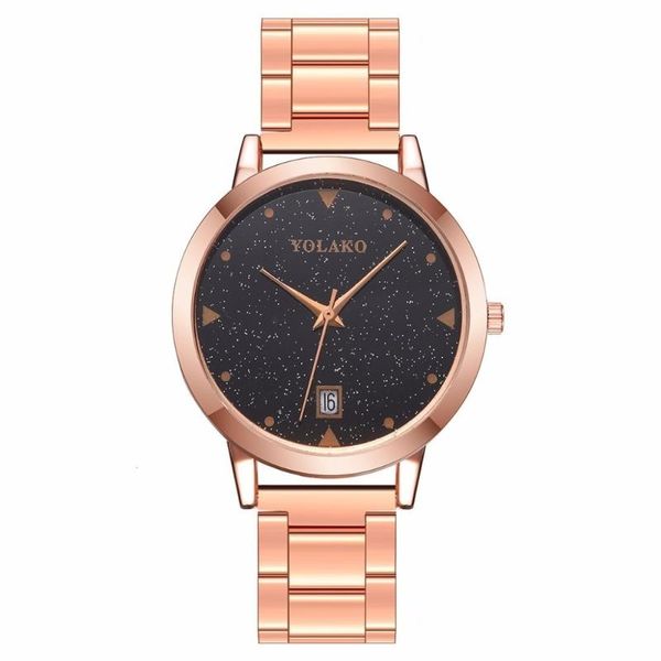 

wristwatches yolako women rose gold stainless steel starry sky calendar watch luxury ladies quartz wrist watches drop clock, Slivery;brown