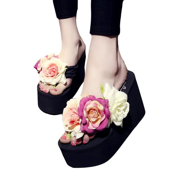 

women girls fashion summer wedges bohemian flower sandals anti slip indoor beach shoes zapatos mujer 2021 terlik, Black