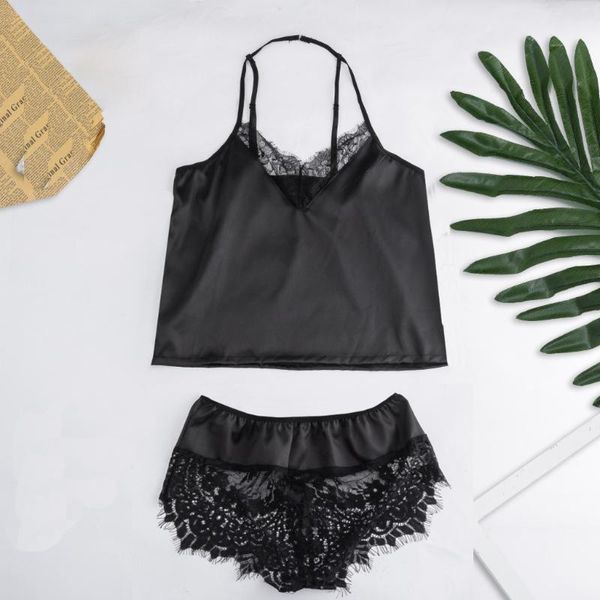 

bras sets pajamas for women 2021 sleeveless solid lace trim shorts satin pajama set erotic lingerie pijama mujer langerie s-2xl, Red;black