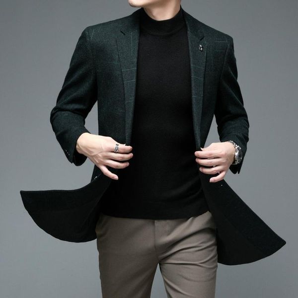 

men's suits & blazers autumn winter men elegant cashmere tweed blazer green navy blue plaid notched collar wool blend suit jacket smart, White;black