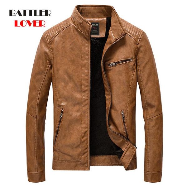 

men's fur & faux leather jacket men casual slim fit stand collar washed pu coat for male thick plus velvet motercycle bomber jackets 5x, Black