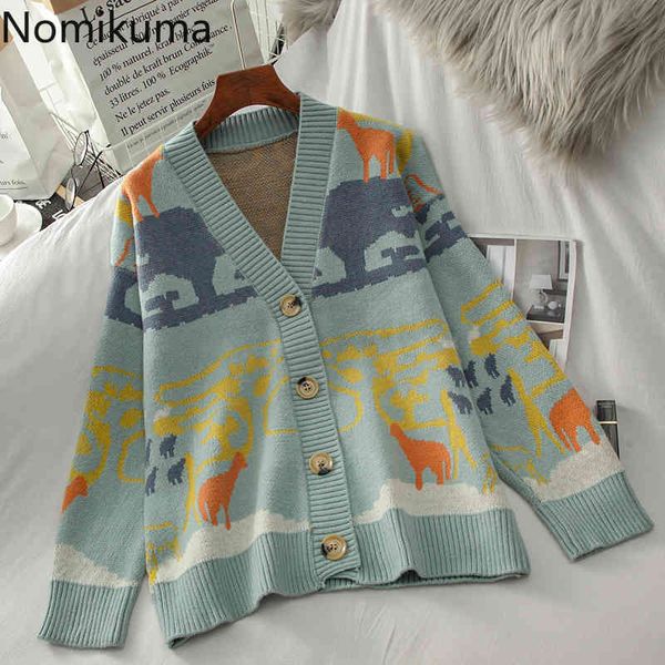 

nomikuma korean causal v-neck knitted cardigan cartoon contrast color long sleeve sweater coat autumn winter knitwear 6d492 210427, White;black