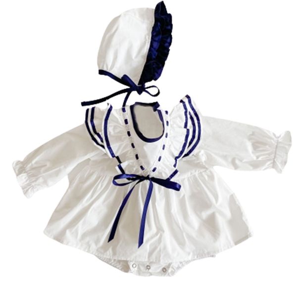 

0-3yrs girl's autumn girl contrast bodysuits flying sleeve cotton one-piece romper dress + hat baby twin bodysuit 210417, Blue