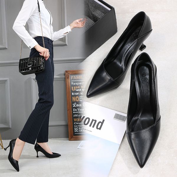 

luxury dress shoes high cat heel soft soled work black small leather single thin heels profsional women's sho pointed