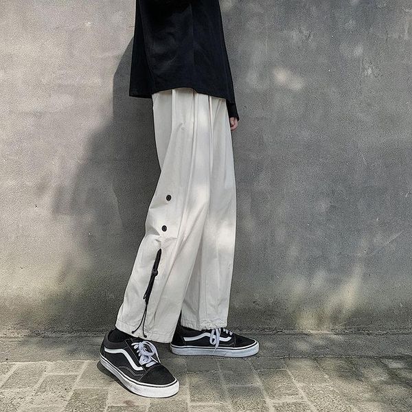 

men's pants cotton wide-leg fashion drawstring casual men streetwear korean loose hip-hop straight mens trousers, Black