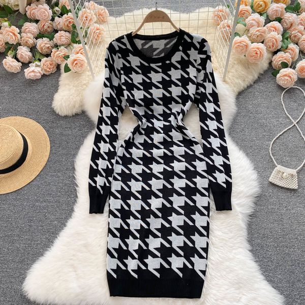 

casual dresses singy female houndstooth dressed knitted or crocheted long sleeve neck elastic th korean autumn bodycon p0wr, Black;gray