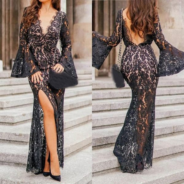 

casual dresses women lace sleeveless slim dress print hollow maxi party elegant 2021 #3u12, Black;gray