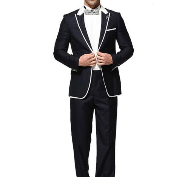 

men's suits & blazers custom made navy blue men white lapel prom wear man slim fit groom tuxedo costume homme 2piece jacket pants, White;black