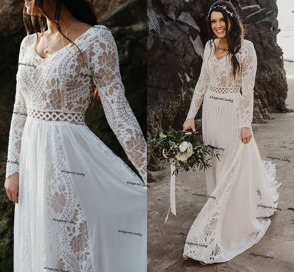 Gehäkelte Baumwollspitze Brautkleider 2021 Hippie Strand Boho Fee Chiffonrock Langarm Champagner Futter Brautkleid