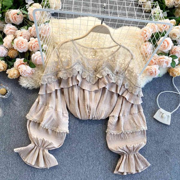 

blouses french mesh splice blouse women elegant solid sleeve lace ruffles blouses autumn casual loose streetwear, White