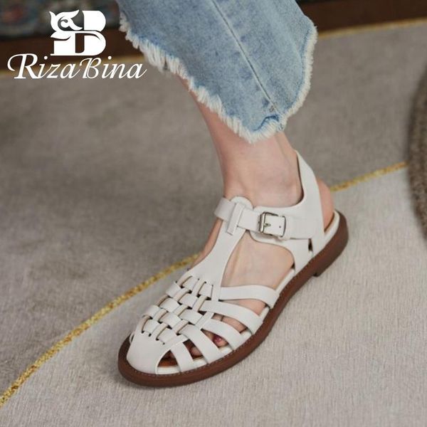 

sandals rizabina women shoes flat heel round toe weave buckle strap solid color gladiator summer ladies footwear size 34-39, Black