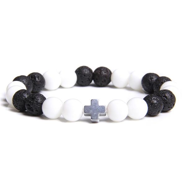 

beaded, strands charm natural stone bracelet cross black lava matte beaded bracelets handmade men women prayer fitness chain couple jewelry