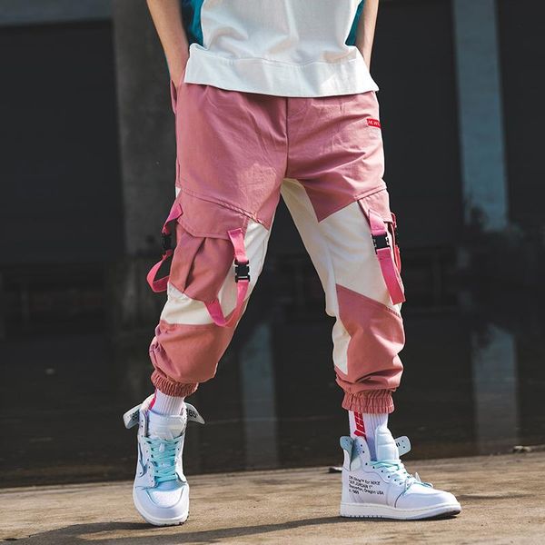 

men's pants cotton men streetwear hip hop cargo nice pink contrast color pockets mens korean fashions joggers sweatpants, Black