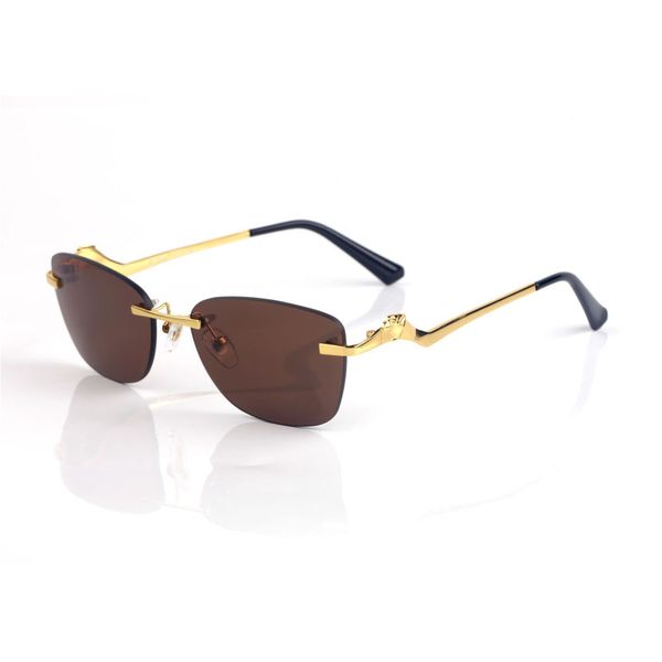 Designer de carrinho de moda Cool óculos de sol Cool Sunglasses Luxurs sem aro orifícios Frames templos com pantera cabeças de metal acessórios retangulares sem moldura