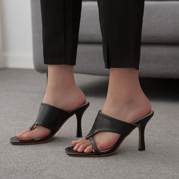 

women square toe slippers women's high heels 2021 summer flip flops for woman ladies pumps footwear female shoes plus size, Black