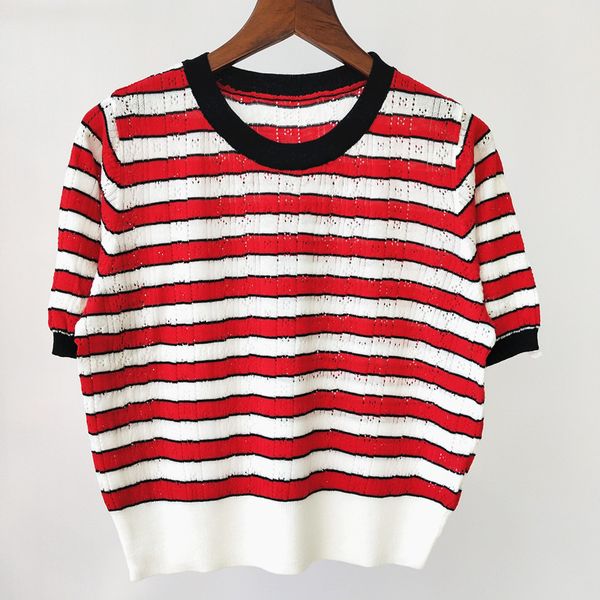 

59% off factory outlet store summer contrast cut out stripe round neck short sleeve knitted for women, White;black