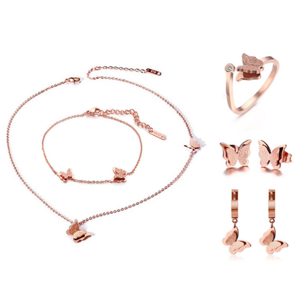 

earrings & necklace 316l stainless steel sandblasted butterfly bracelet ring earring set rose gold wedding jewelry no fade, Silver
